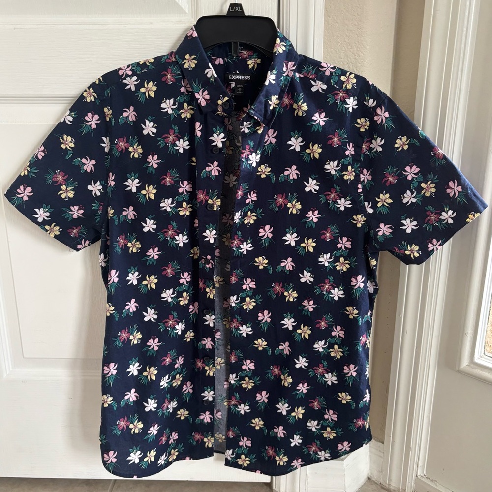 Express Men's Dark Blue Floral Button Down Shirt